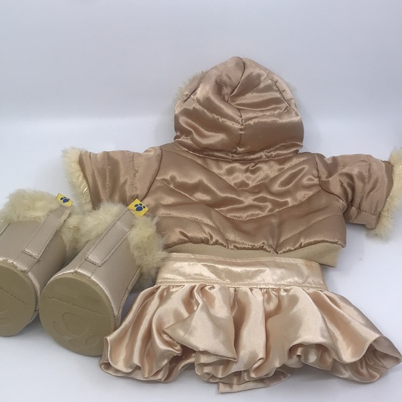 Build A Bear 3 Piece Outfit Tan Metallic Hoodie Snap On With Skirt And Boots - Picture 9 of 11